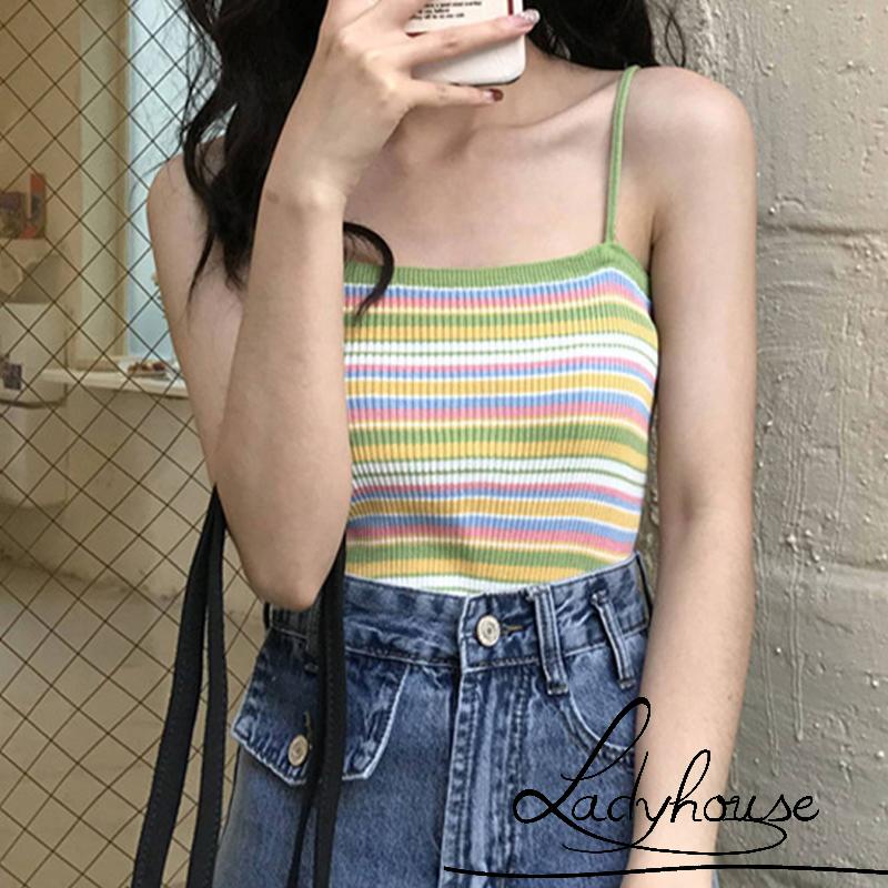 Áo Hai Dây Dệt Kim Họa Tiết Kẻ Sọc Thời Trang Mùa Hè Cho Nữ