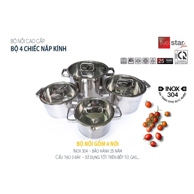 Bộ 4 nồi inox 304 3 đáy nắp kính quai vuông FIVESTAR FS08NKB