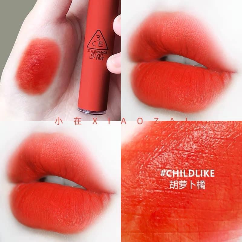 Son 3ce Velvet Lip Tint Chính Hãng Màu Đỏ Cam CHILDLIKE , Màu Cam Đất TAWNY RED