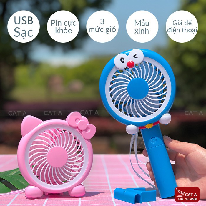 [CHÍNH HÃNG] Quạt cầm tay Mini hình Doreamon đèn LED 3 Tốc độ - Mini Fan xua tan nóng bức, nhỏ gọn tiện dụng, xinh xắn