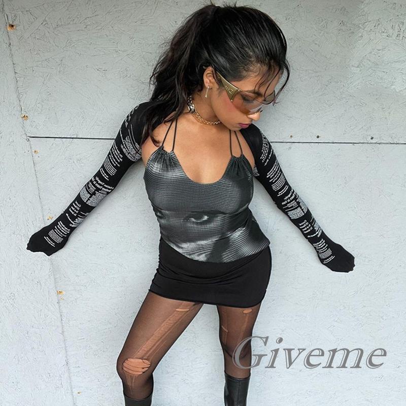 Set 2 Áo Croptop Tay Dài Phối Lưới In Chữ Độc Đáo Thời Trang Cho Nữ