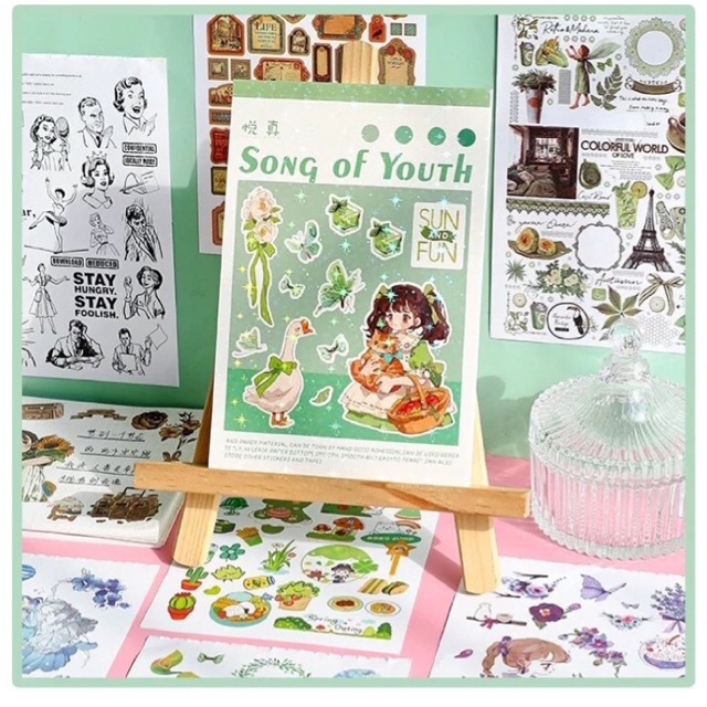 Sổ hình dán cuốn sticker washi 50 tờ A5 phong cách retro vintage mộng mơ trang trí sổ tay, planner, scrapbook