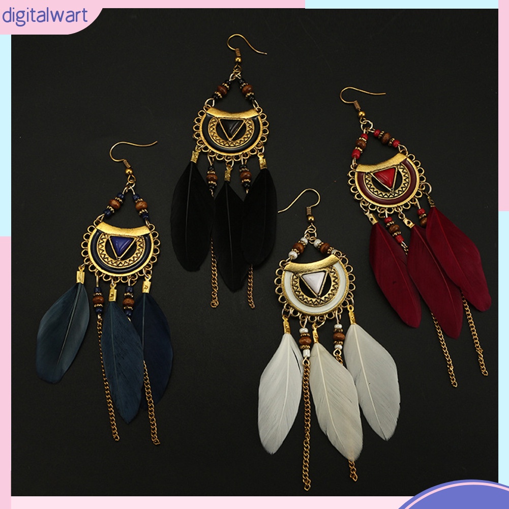 Đôi Khuyên Tai Dài Gắn Lông Vũ Phong Cách Retro Thời Trang Cho Nữ