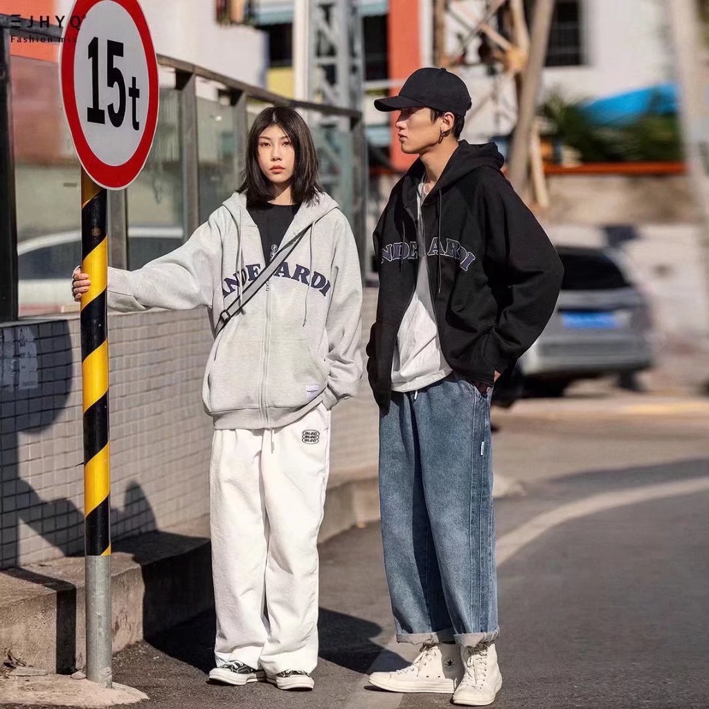 Áo khoác hoodie dáng rộng phối khóa kéo in họa tiết cá tính dễ phối đồ tùy chọn màu sắc cho nam