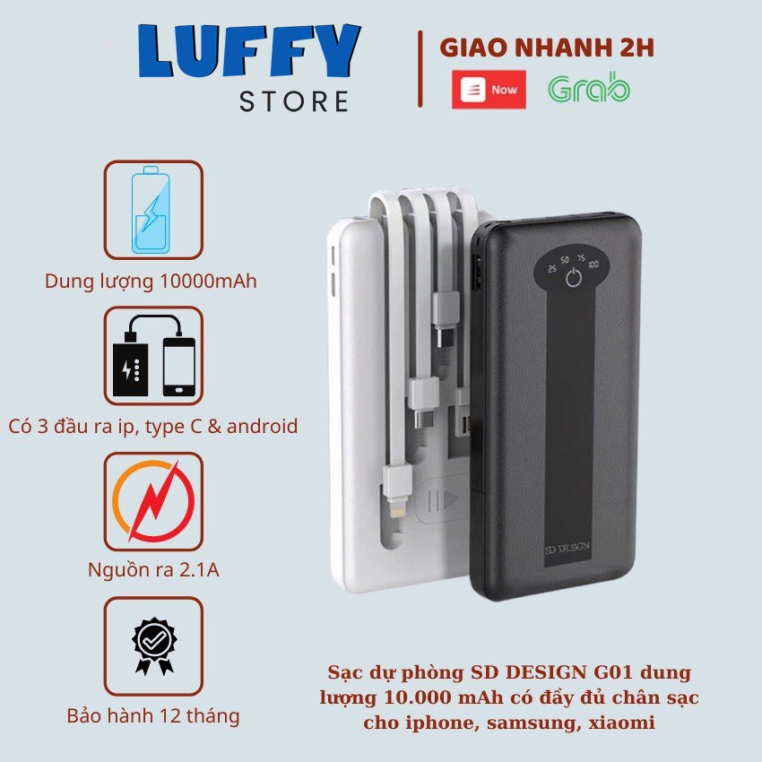 Sạc dự phòng chính hãng SD DESIGN G01 dung lượng 10.000 mAh có đầy đủ chân sạc cho iphone, samsung, xiaomi,...