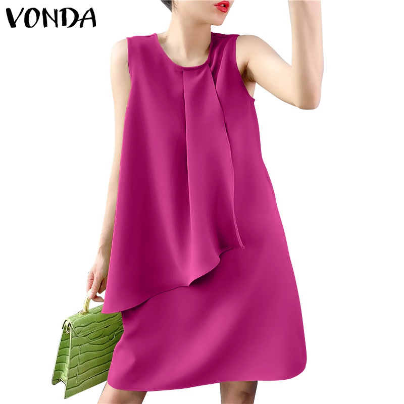 Đầm VONDA không tay cổ tròn màu trơn thời trang mùa hè cho nữ