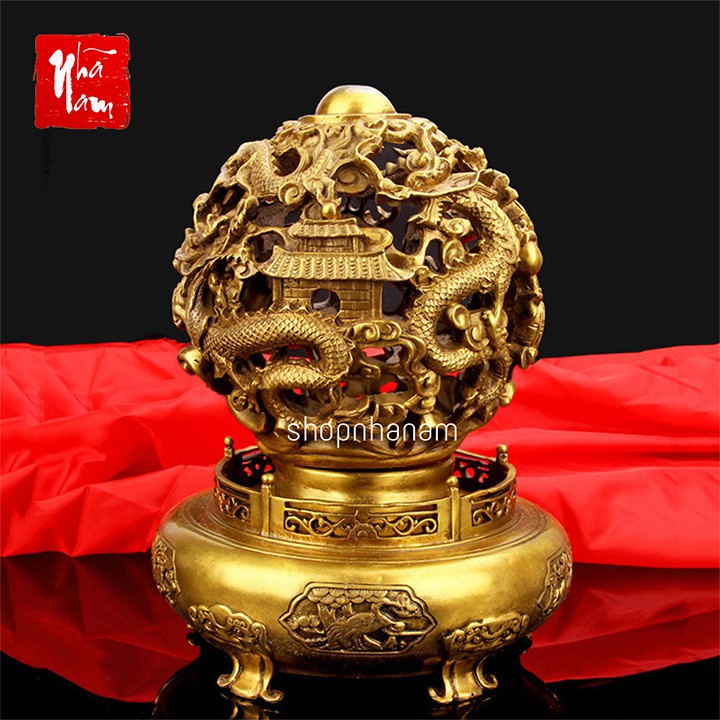 Lư hương đồng vàng cao cấp họa tiết rồng thắp trầm hương