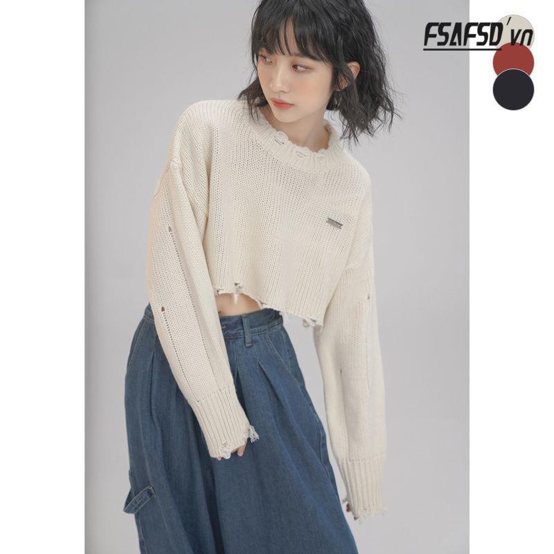 Áo Sweater Dệt Kim Tay Dài Dáng Rộng Phối Rách Cá Tính Cho Nữ