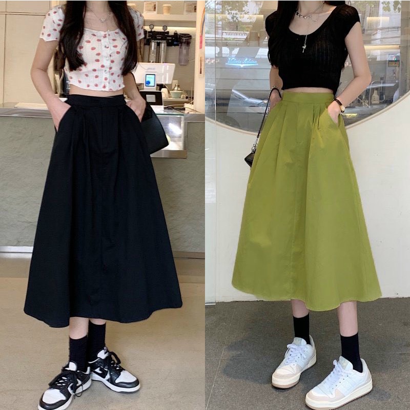 Chân Váy Dài Qua Gối Kaki Mềm Midi Basic Trẻ Trung Ba Màu Xanh Be Và Đen