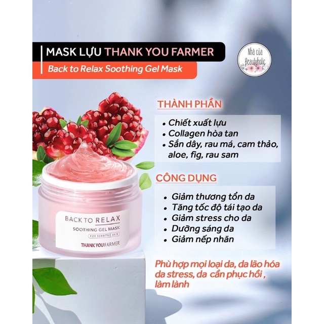 Mặt nạ lựu THANK YOU FARMER BACK TO RELAX SOOTHING Gel Mask