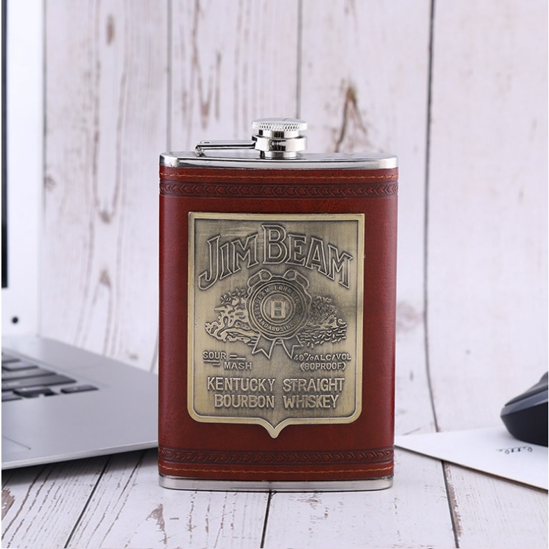 Bình inox đựng rươu mini dung tích 250ml bọc da đỏ logo JimBeam