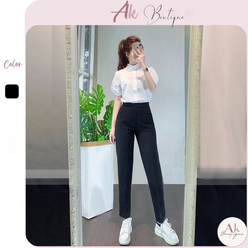 Quần tây nữ lưng thun cạp lưng cao dáng baggy suông dài kiểu basic màu đen khoá sườn mặc đi học sinh viên đi làm công sở | BigBuy360 - bigbuy360.vn