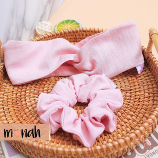 Combo Dây Buộc tóc, Cột tóc Scrunchie Và Turban Băng Đô Nữ Hồng Pastel Lụa Rayon Vân