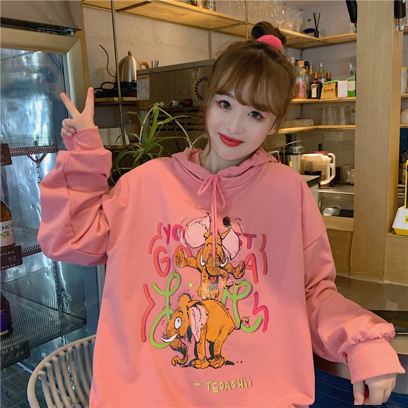 ZHELIHANGFEI Áo Hoodie Dáng Rộng In Họa Tiết Hoạt Hình Xinh Xắn