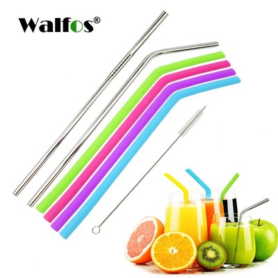 Bộ 2 ống hút silicone Walfos bằng thép không gỉ + cọ có thể tái sử dụng