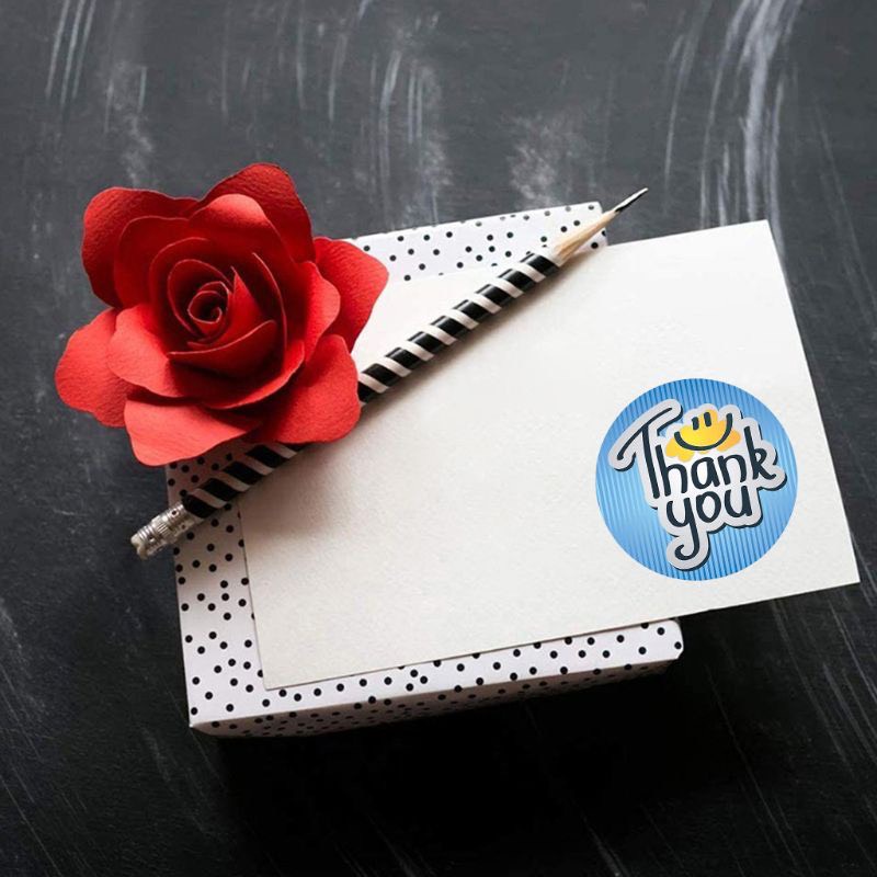Cuộn 500 miếng dán chữ THANK YOU màu xanh mặt cười gói hàng, gói quà, gói bánh, trang trí tiện dụng