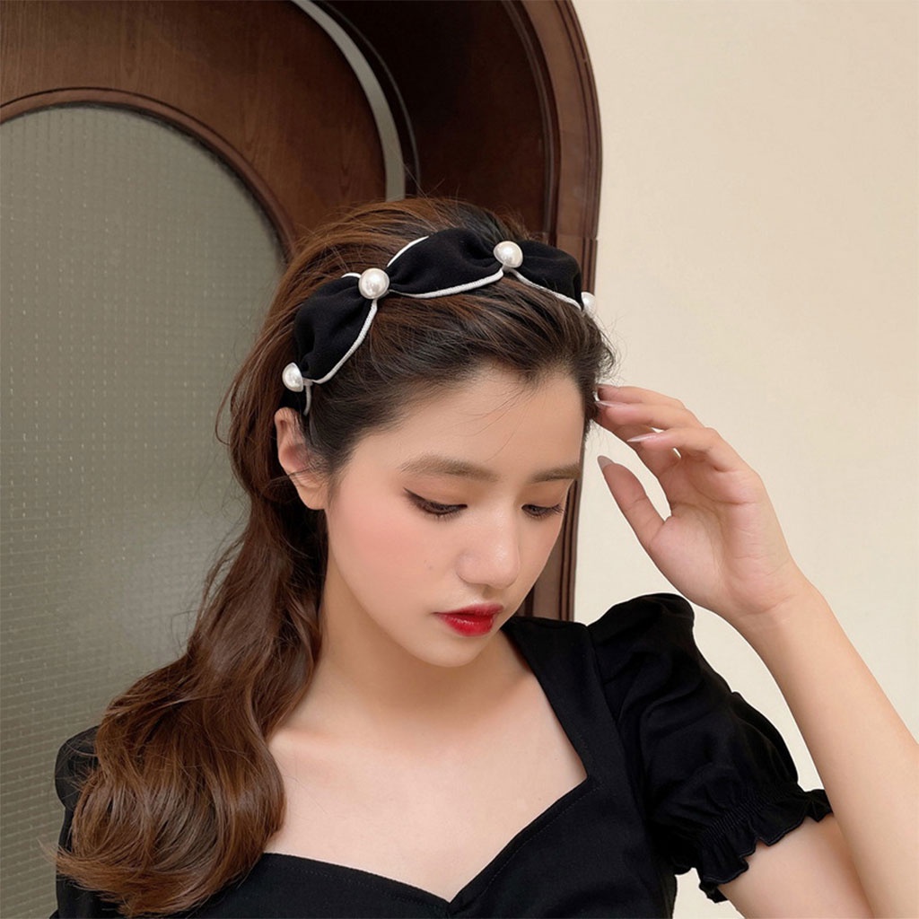Băng Đô Nơ Cài Tóc Bản Rộng Đính Ngọc Trai Thời Trang