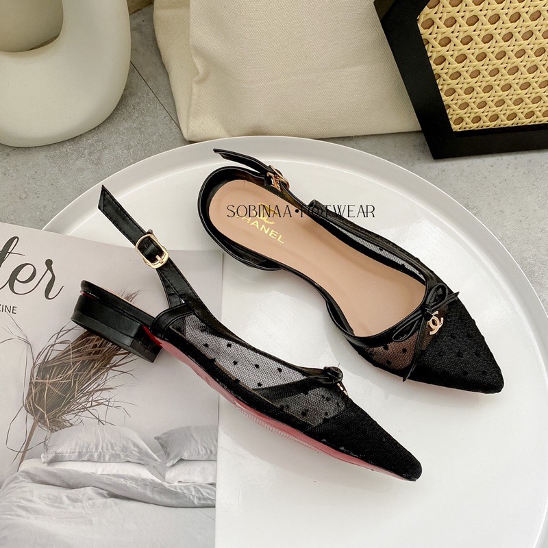 Sandal lưới mũi nhọn cao 2cm
