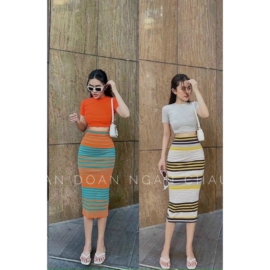 set áo croptop kèm chân váy bút chì kẻ sọc ngang
