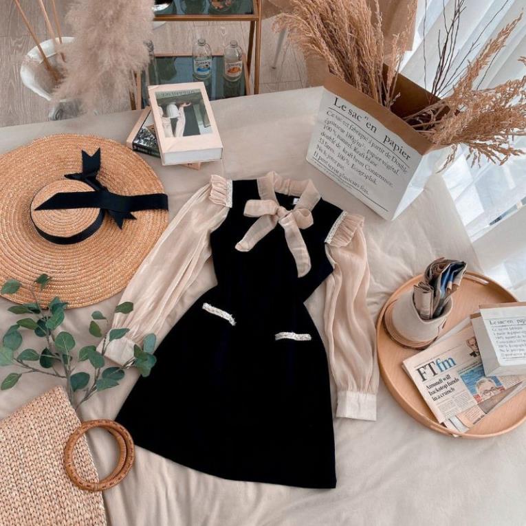 Đầm công sở đen tay tơ bèo vai nơ cổ | BigBuy360 - bigbuy360.vn