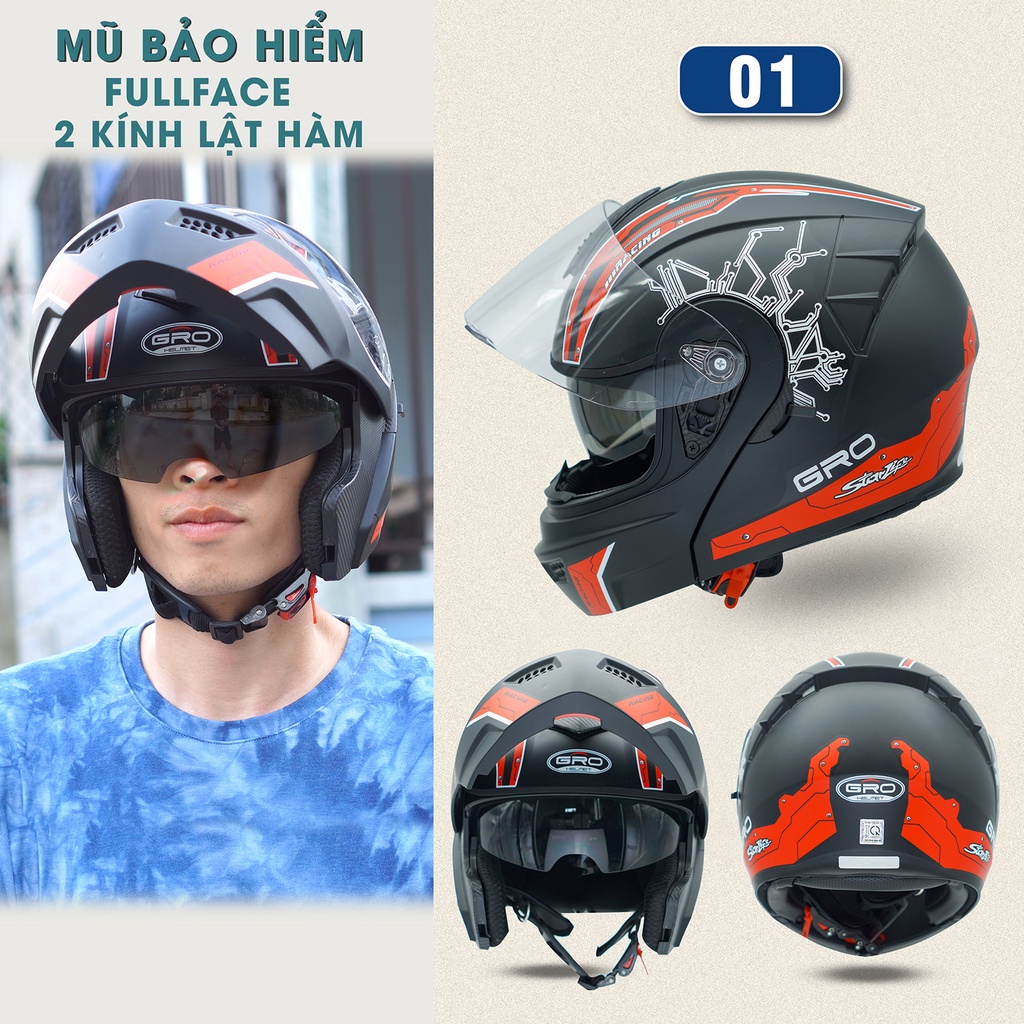 Mũ Bảo Hiểm Fullface GRO Helmet Chính hãng, thiết kế 2 kính lật hàm, khóa kim loại chắc chắn - Tem Đỏ