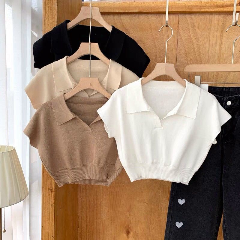 Áo len motoghi cổ bẻ croptop hàng QC