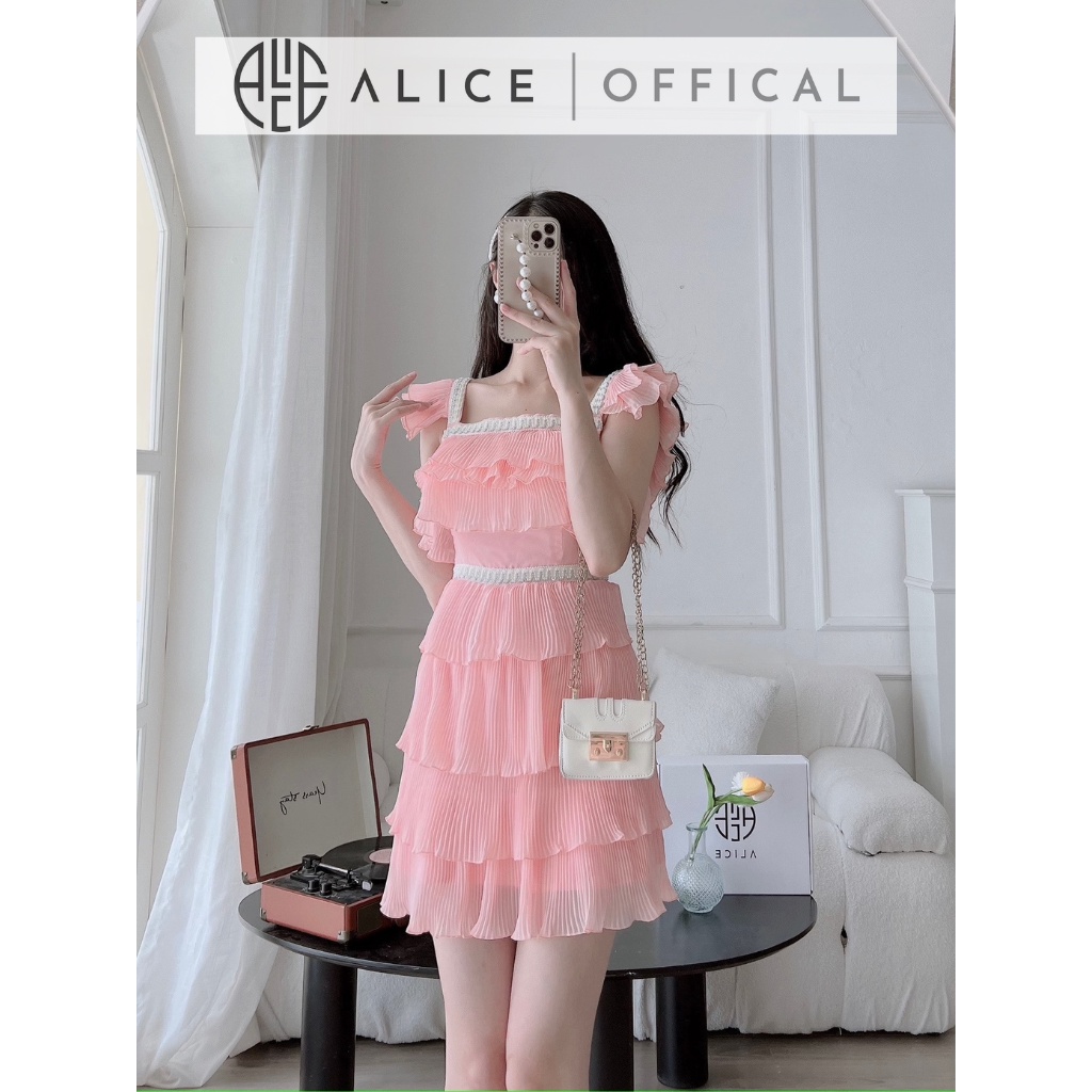 Đầm Tiểu Thư Dáng Xòe ALICE Chất Tơ Mềm Lót Lụa Thiết Kế Chân Váy Dập Li 4 Tầng Tay Cánh Tiên V796