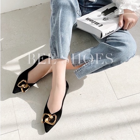 BEESHOES - GIÀY BÚP BÊ NỮ NHỌN - GIÀY BÚP BÊ NỮ DA LỘN ĐẾ BỆT SẴN MÀU ĐEN 211196