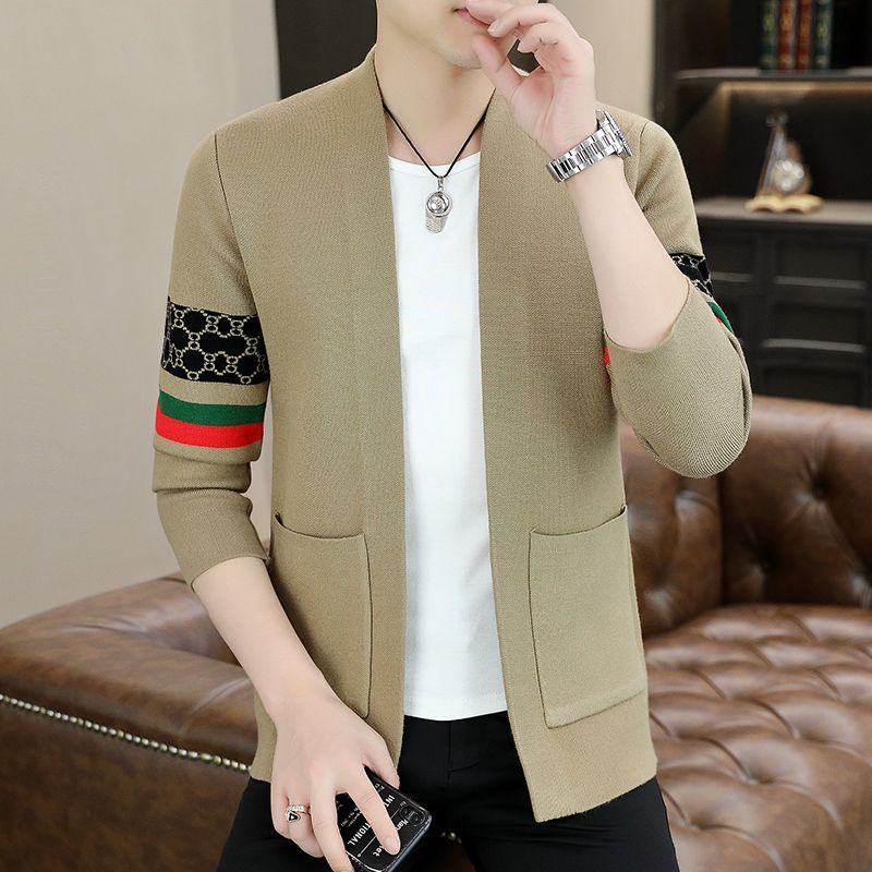Áo Khoác Cardigan Dệt Kim Tay Dài Cổ Đứng Họa Tiết Kẻ Sọc Phong Cách Hàn Quốc Cho Nam Giới Trung Niên