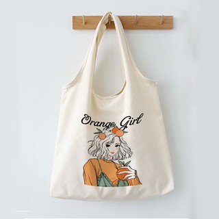Túi Tote Vải Canvas Quai Tròn Có Khóa Hình Cô Gái