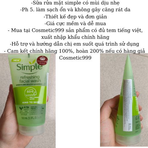Sữa rửa mặt Simple, sữa rửa mặt cho da dầu mụn Kind to Skin Moisturising Facial Wash chính hãng Cosmetic999