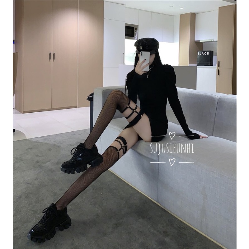 (2 màu) Tất đùi lưới đen may liền choker đùi có đính khuy phong cách Punk cá tính