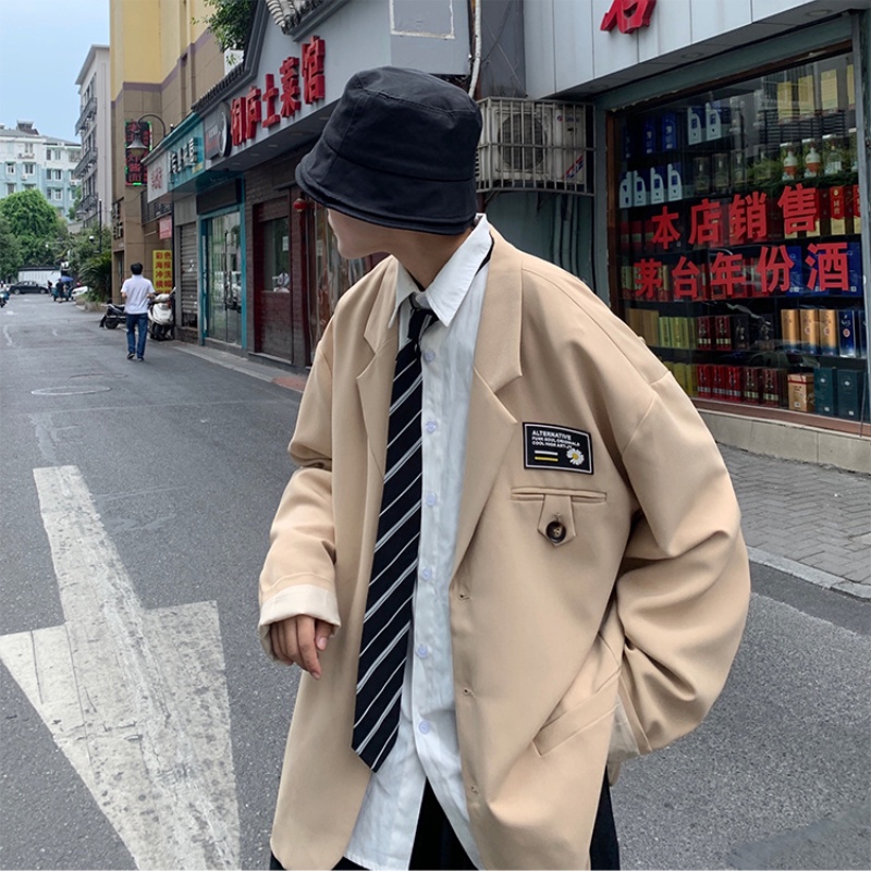 ♞AFF LIGA♞ Áo khoác blazer màu trơn thiết kế dáng rộng phong cách Hàn Quốc thời trang đường phố cho nam