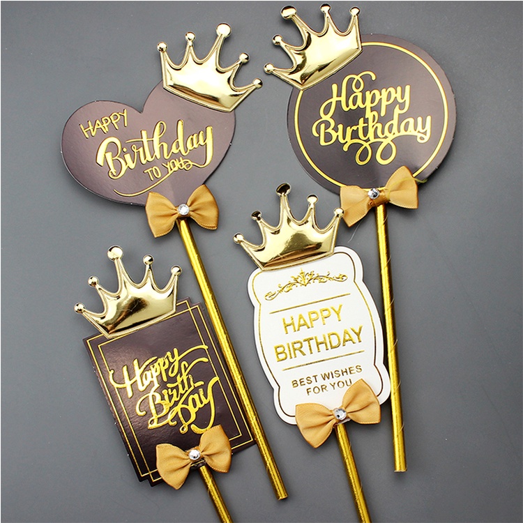 Que Cắm Trang Trí Bánh Kem Chữ Happy Birthday Hình Vương Miện Màu Vàng Đồng Phong Cách Châu Âu