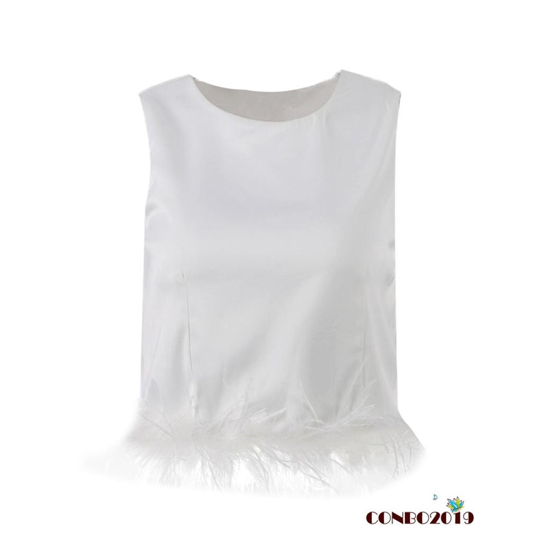 Áo Croptop Hai Dây Mùa Hè Dáng Ôm Viền Lông Vũ Màu Trơn Cho Nữ