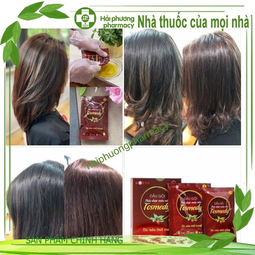Dầu gội thảo dược màu Nâu - Hạt dẻ TOSMEDY, Dầu gội nhuộm tóc màu, nhuộm phủ nâu. Hộp 2 gói nhỏ, gọn hơn