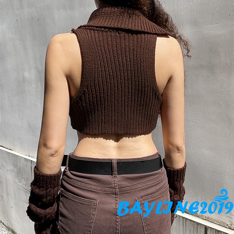 Áo Croptop Dệt Kim Hai Dây Cổ Cao Màu Nâu Thời Trang Mùa Hè Cho Nữ