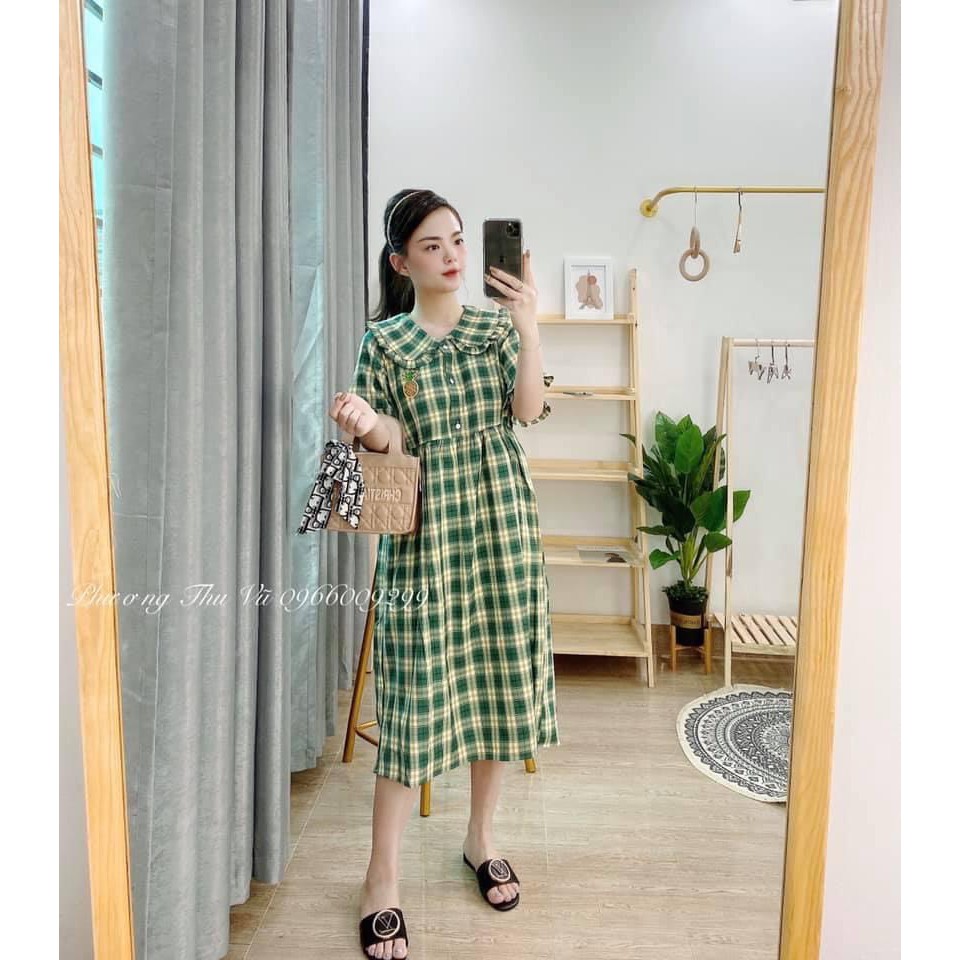 Váy baby doll cổ bẻ váy hai dây kẻ caro xanh baby doll trái dứa siêu xinh dễ thương thời trang nữ váy công chúa đầm cute | BigBuy360 - bigbuy360.vn