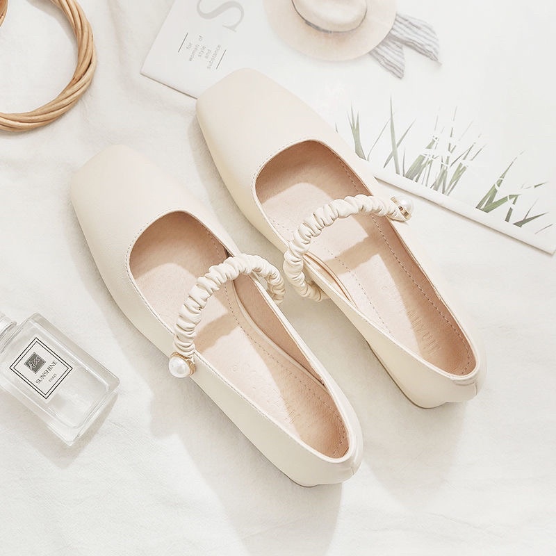 Giày búp bê nữ cao gót 3 phân đế vuông phối quai ngọc dáng vintage