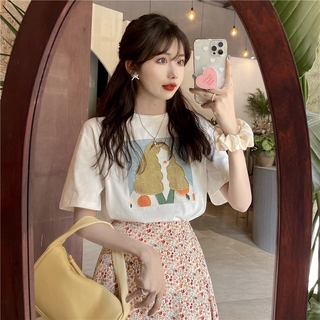 Set áo thun ngắn tay in họa tiết + chân váy dài lưng cao thời trang nữ