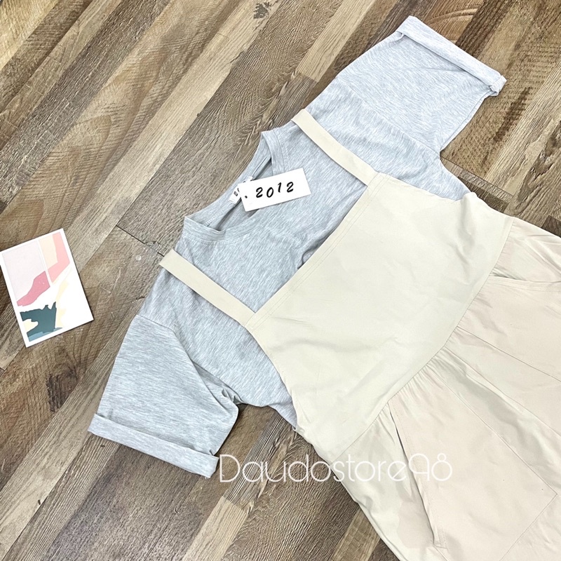 Bộ đồ nữ Set yếm Kaki áo thun ngắn tay cổ tròn Set Quần yếm ống suông dễ thương Freesize kèm áo thun