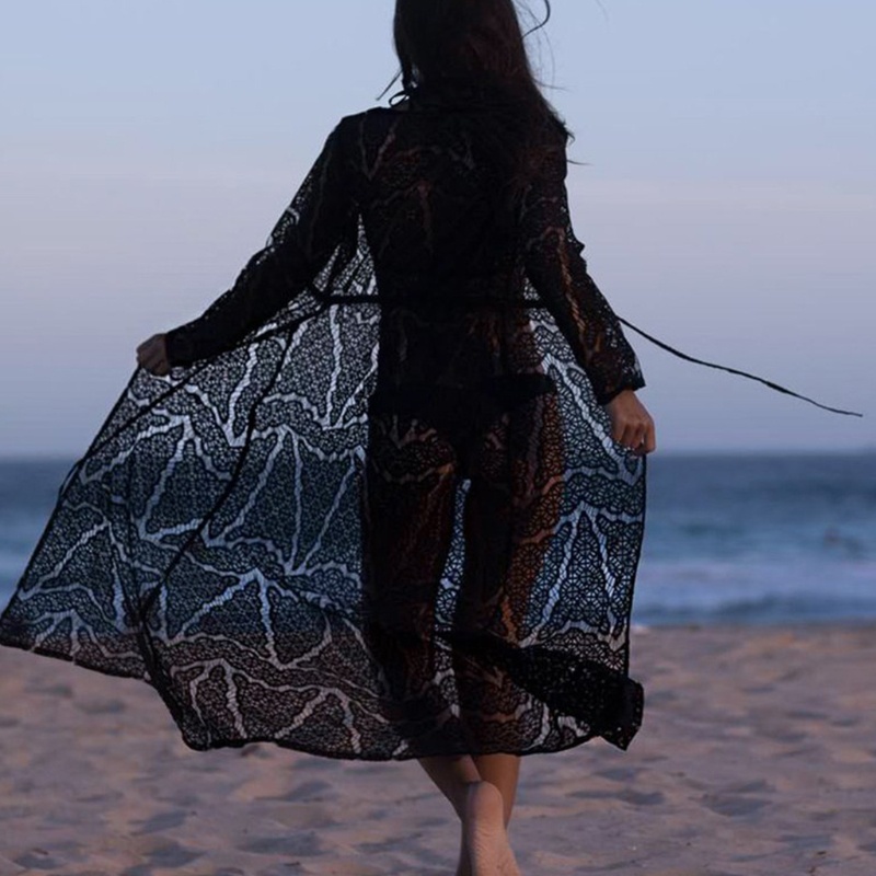 Áo Choàng Cardigan Dáng Ôm Dài Phối Ren Khoét Rỗng Thời Trang Đi Biển Cho Nữ