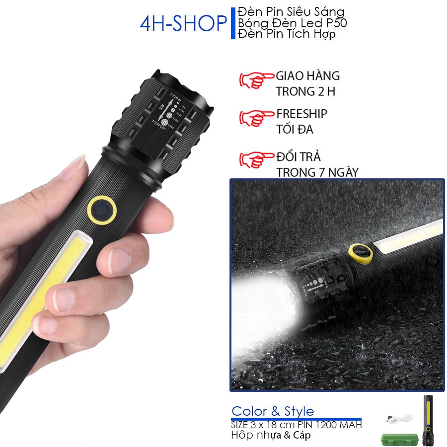 Đèn pin siêu sáng Led P50 đèn cạnh COB, dùng pin sạc 1200mah, kèm hộp nhựa và cáp sạc cổng USB.