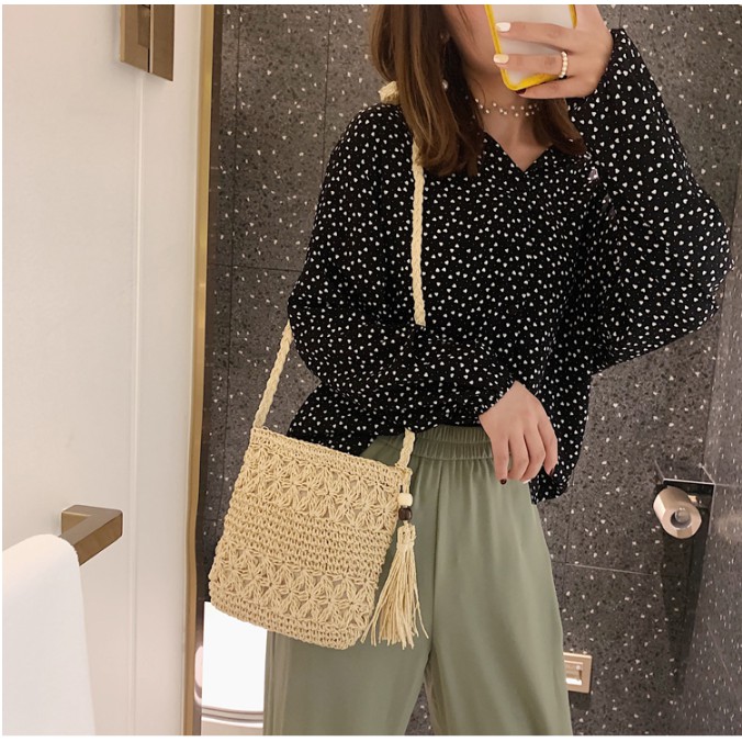 Túi cói Túi cói nữ mini đi biển kèm tua rua siêu xinh