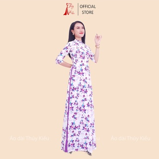 Áo dài in 3D lụa Nhật nền trắng lá tím HN08