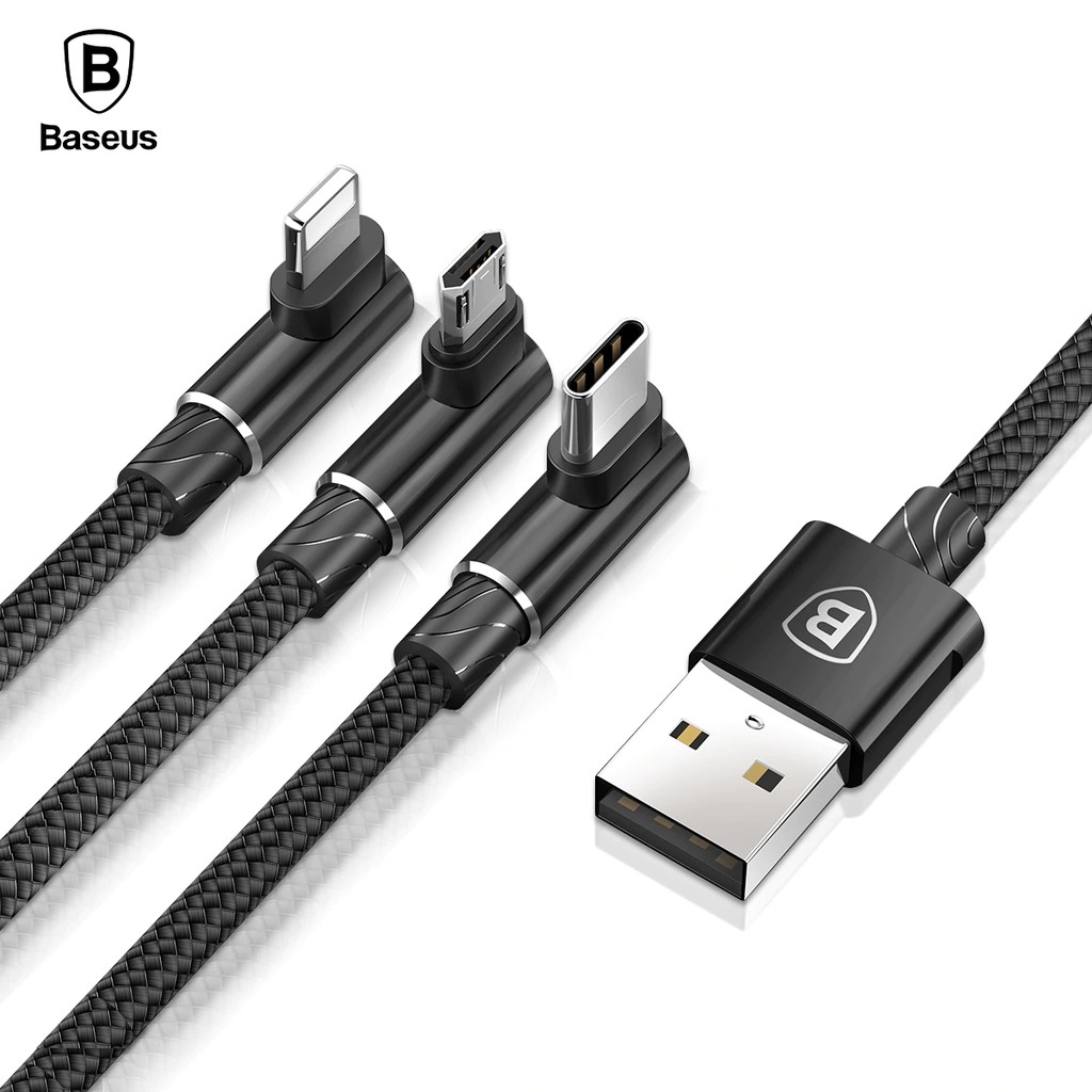 Cáp sạc nhanh Baseus 3 trong 1 đầu Lightning + Micro USB + Type-C thiết kế đầu vuông góc dài 1.2m