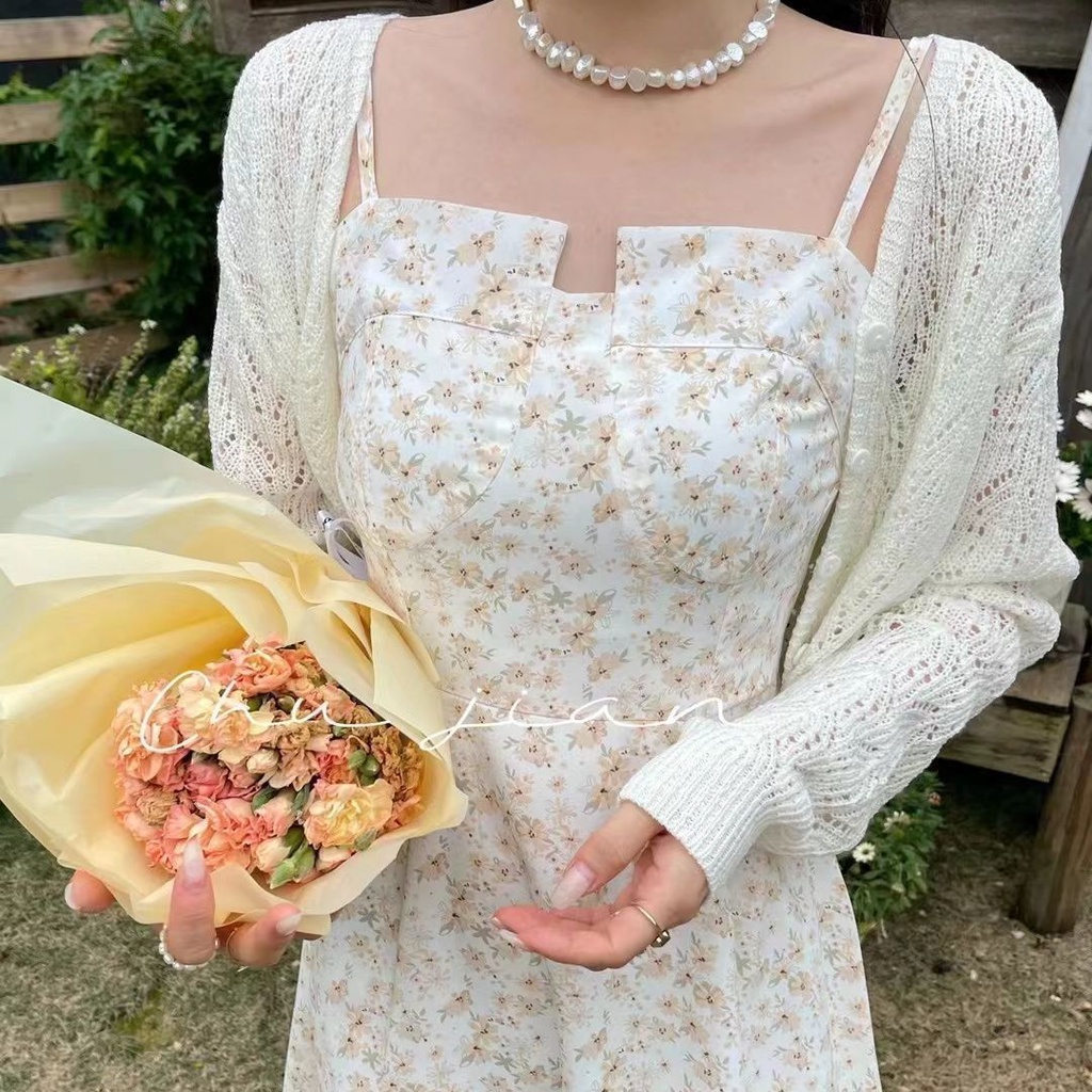 Bộ Áo Cardigan Hai Dây In Hoa + Chân Váy Lưng Cao Thời Trang Mùa Hè 2022