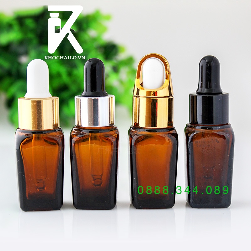 Chai tinh dầu serum thủy tinh vuông nâu khoen vàng,bạc,đen,trắng ống thủy tinh bóp trắng , bóp đen 10ml,20ml,30ml,50ml