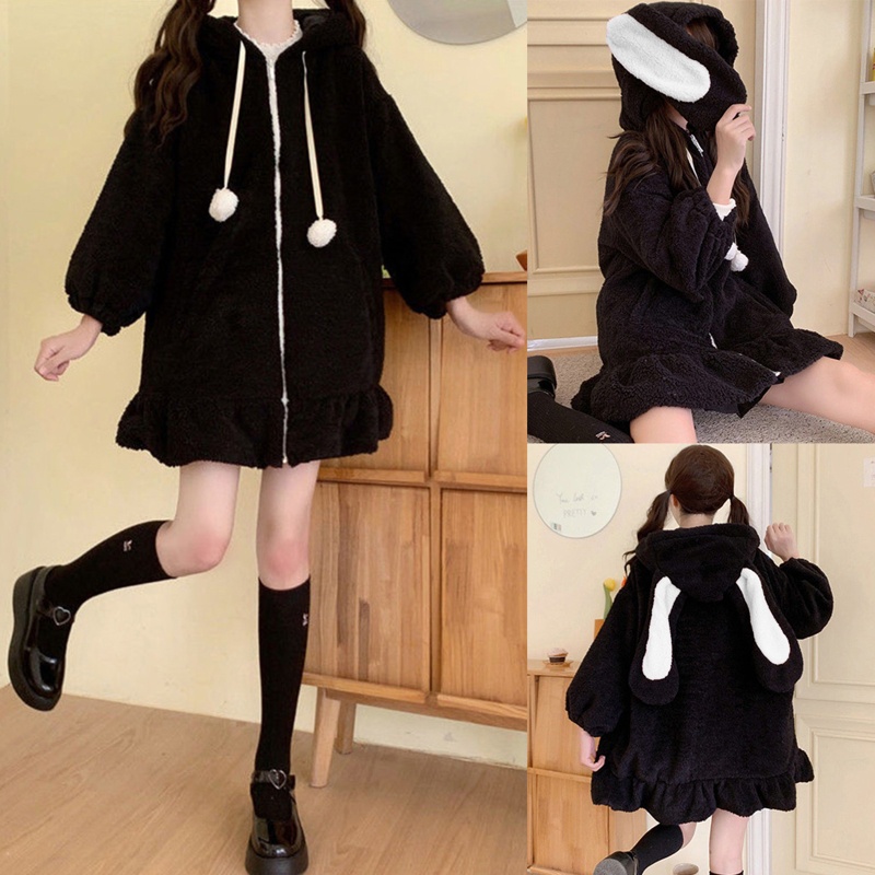Áo Khoác Lông Giả Có Nón Trùm Tai Thỏ Ấm Áp Dễ Thương Phong Cách Harajuku Cho Nữ