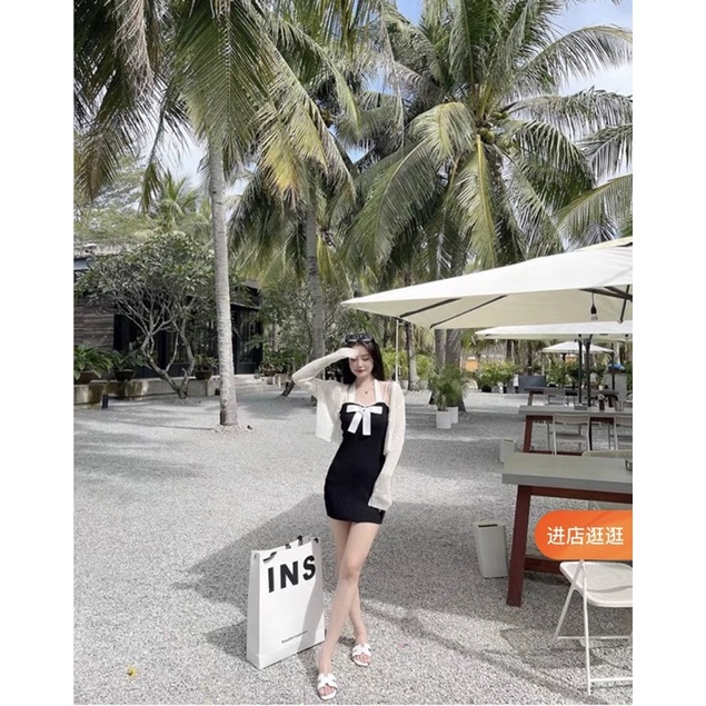 set váy yếm len nơ kèm khoác mỏng (2028#)